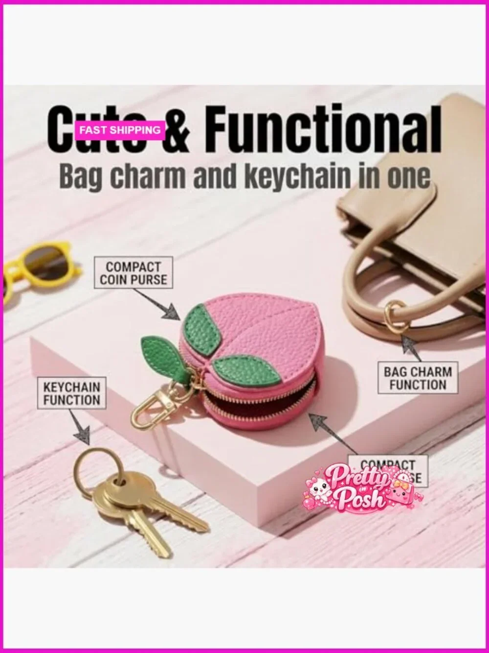 Faux Leather Coin Purse Keychain with Zipper Mini Bag Charm